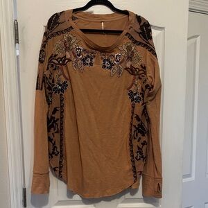 Free People Tan Embroidered Long Sleeve Top